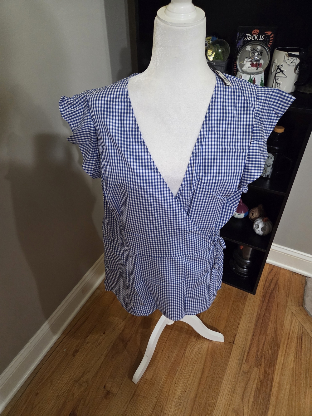 The Limited Blue Gingham Wrap Blouse with Ruffle Sleeves